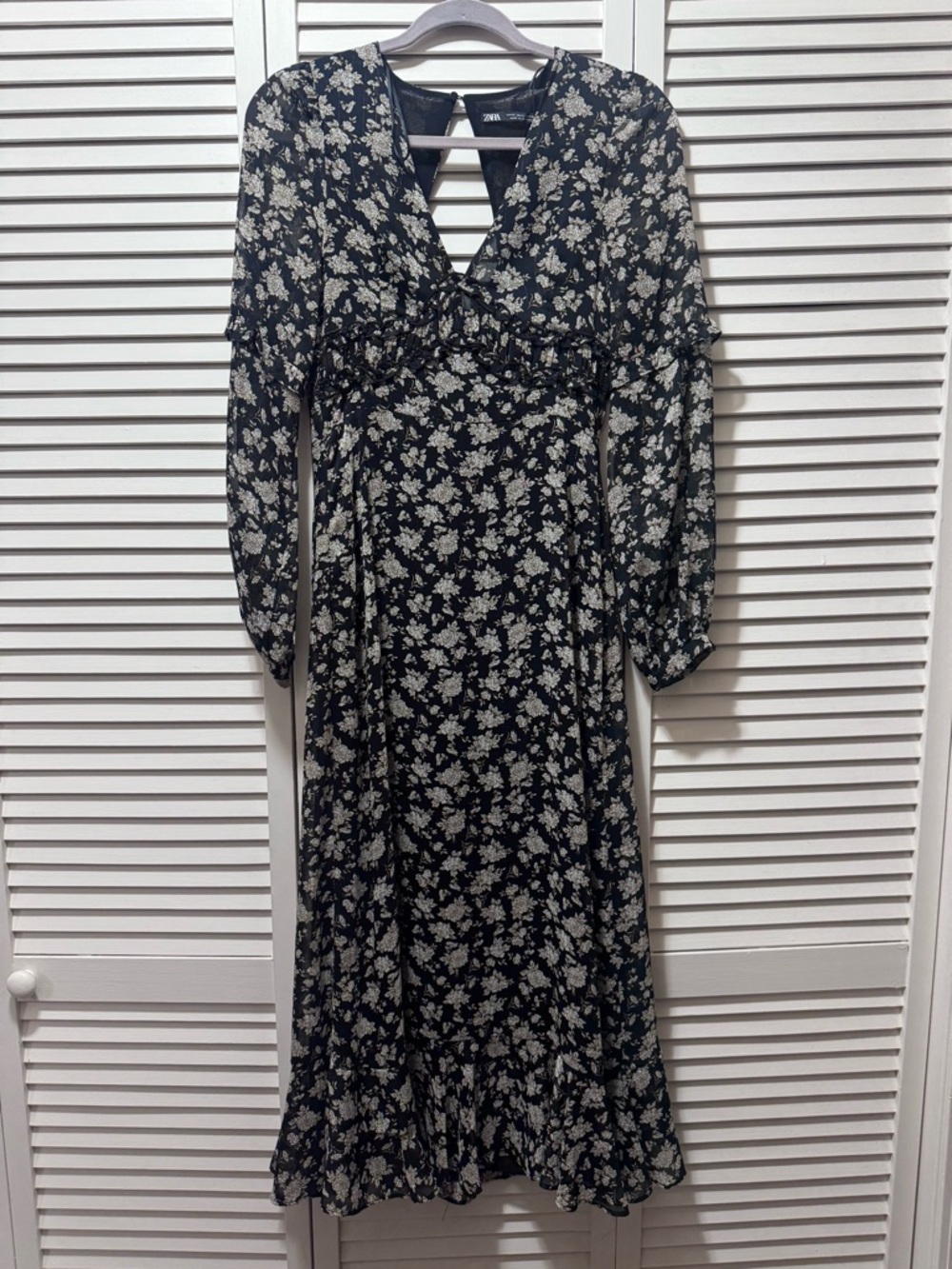 Zara Black and Cream Floral Midi Dress - Long Sleeve